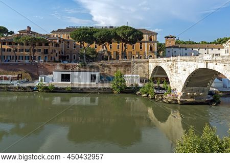 Rome, Italy - June 22, 2017: Amazing View Of Tiber River And Pons Cestius In City Of Rome, Italy