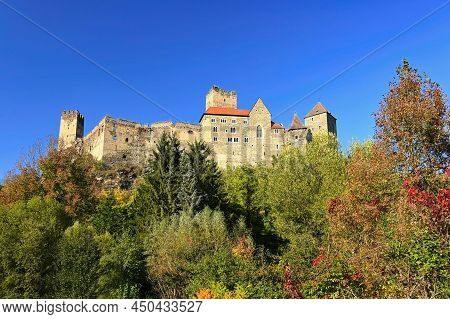 Beautiful Autumn Landscape In Austria With A Nice Old Hardegg Castle.