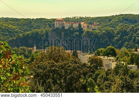 Beautiful Autumn Landscape With River, Castle And Blue Sky With Clouds And Sun. Vranov Nad Dyji (vra