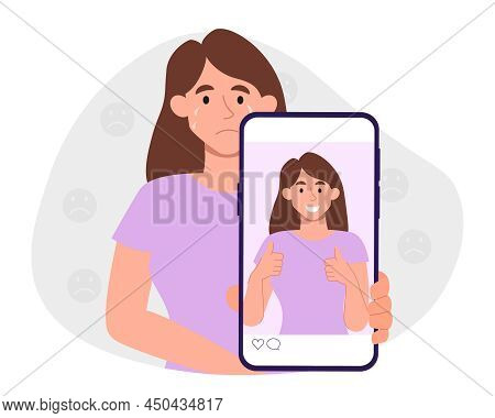 Pretend To Be Happy. Woman In Tears Shows Her Photo With Smile. Social Networks And Lies. Internal P