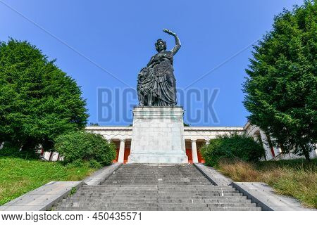 Bavaria Statue And Ruhmeshalle (hall Of Fame) In Munich, Germany, Theresienwiese. The Statue Was Bui