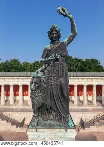 Bavaria Statue And Ruhmeshalle (hall Of Fame) In Munich, Germany, Theresienwiese. The Statue Was Bui