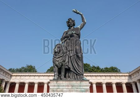 Munich, Germany - Jul 20, 2021: Bavaria Statue And Ruhmeshalle (hall Of Fame) In Munich, Germany, Th