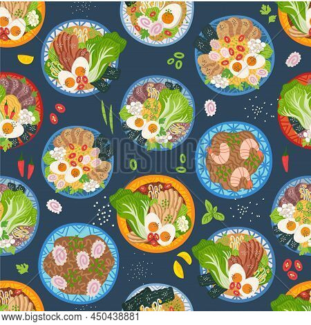 Seamless Pattern. Ramen, Udon, Noodles In Bowl On Table. Top View. Vector Illustration. Japanese Sou