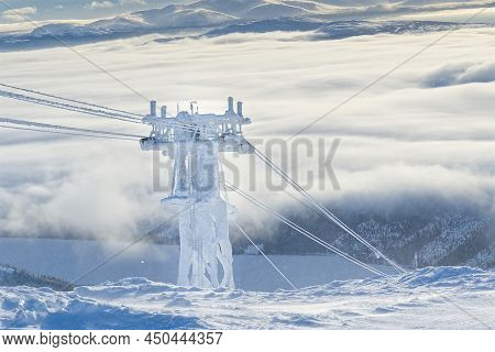 Frozen Funicular Support Poles. Ski Lift Technology, Ski Resort, Mountain Resort.