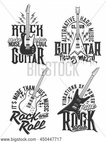 Tshirt Prints With Electric Guitars, Vector Emblems For Hard Rock Music Club Or Band Apparel Design.