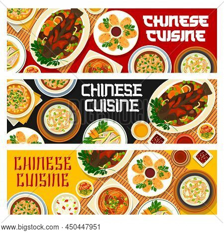 Chinese Cuisine Food Banners, Asian Dishes Menu And China Traditional Meals, Vector. Chinese Food Fo