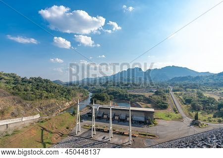 Kanchanaburi Thailand-jan 16,2022 : Power Generation Dam,wachiralongkorn Dam  The View On The Dam Ri