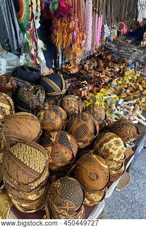Yogyakarta, Indonesia. November 13, 2021. Blangkon Batik Typical Of Yogyakarta At Malioboro Shop