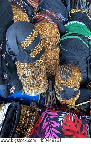 Yogyakarta, Indonesia. November 13, 2021. Blangkon Batik Typical Of Yogyakarta At Malioboro Shop
