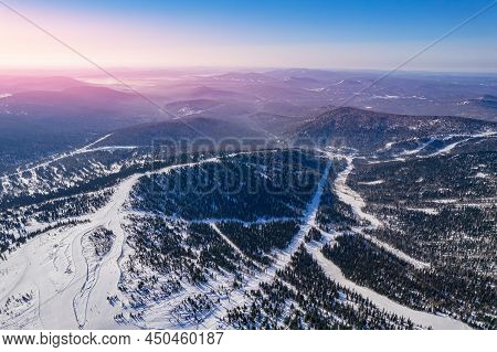 Aerial Top View Landscape Sheregesh Ski Lift Resort Winter, Mountain And Hotels, Russia Kemerovo Reg