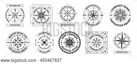 Compass Vintage Logo. Travel And Explore Cartography Symbol, Emblems With Wind Rose And Direction Ar