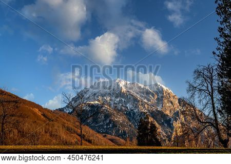 Sunset View Of Traunkirchner Kogel Mountain In Upper Austrian Prealps