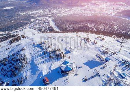 Aerial Top View Sheregesh Ski Lift Resort Winter, Landscape Mountain And Hotels, Russia Kemerovo Reg