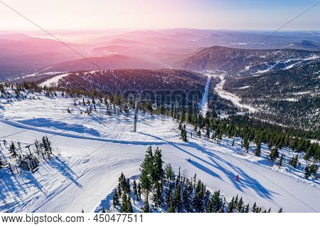 Aerial Top View Sheregesh Ski Lift Resort Winter, Landscape Mountain And Hotels, Russia Kemerovo Reg