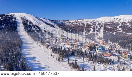 Sheregesh Ski Lift Resort Winter, Landscape Mountain And Hotels, Aerial Top View Russia Kemerovo Reg
