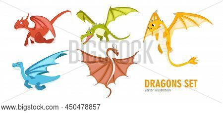 Set Of Varicoloured Fabulous Dragons From Different Form On White Background. Vector Magic Dragons C