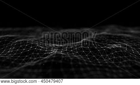 Digital Technology Wave. Dark Cyberspace With Blue Motion Dots And Lines. Futuristic Digital Backgro