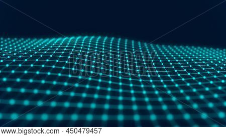Digital Technology Wave. Dark Cyberspace With Blue Motion Dots And Lines. Futuristic Digital Backgro