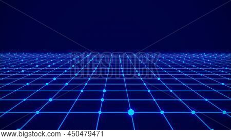 Technology Perspective Grid Background. Digital Space Wireframe Landscape. Blue Mesh On A Black Back