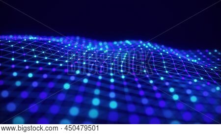 Digital Technology Wave. Dark Cyberspace With Blue Motion Dots And Lines. Futuristic Digital Backgro