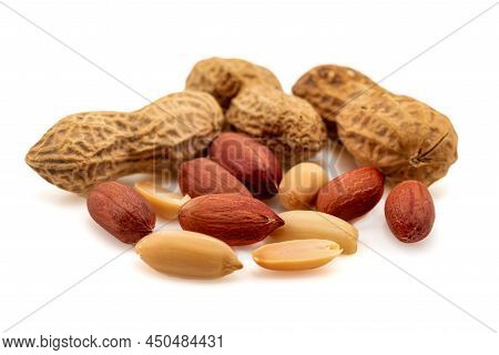 Peanuts On A White Background. Peanut Isolate, In Shell And Shelled