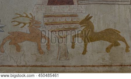 Two Fantasy Animals, A Red Deer And A Horse, On An Ancient Painting In Orslev Church, Denmark, Augus