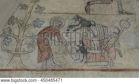 Monk Pouring Beer From A Barrel, Ancient Fresco On The East Wall In Orslev Church, Denmark, August 9