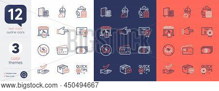 Set Of Ice Cream Milkshake, Dermatologically Tested And Buildings Line Icons. Include Banking, Vip P