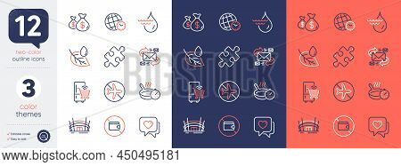 Set Of E-mail, Hydroelectricity And Wallet Line Icons. Include Flight Mode, Puzzle, Coins Bags Icons