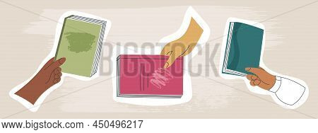 Set Of Hand Giving Book To Exchange Sharing, Bookcrossing Isolated Flat Cartoon Vector Illustration 