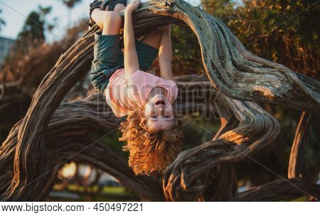 Child Climbing Tree. Smiling Funny Kid Clim Tree In The Garden.