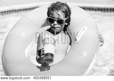 Cocktail On Watter Pool In The Summer. Funny Portrait Of Child. Kid Having Fun In Swimming Pool Outd