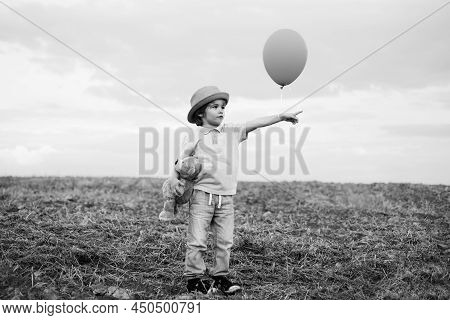 Little Boy On The Rural Road Between The Colored Groung Field Pointing At A Copyspace. The Cute Boy 