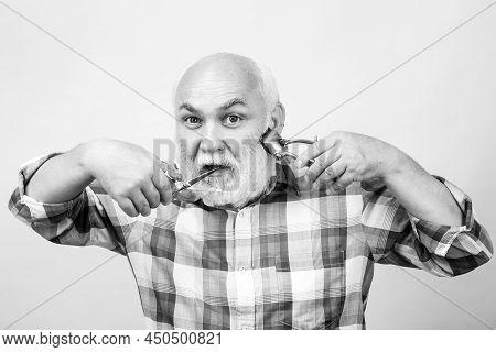 Portrait Of Stylish Hairdresser Bearded Man With Grey Moustache Beard. Bearded Old Man, Bearded Male