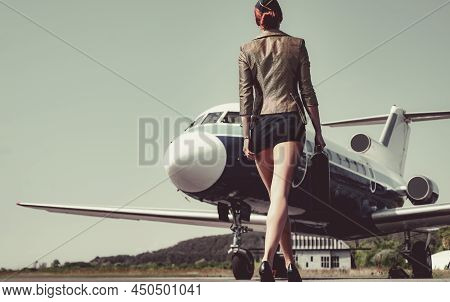 Profession Stewardess. Air Hostess. Female Flight Attendant. Air Stewardess. Travel Concept. Commerc