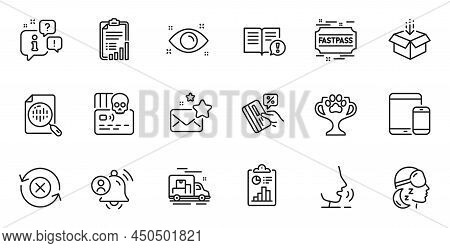 Outline Set Of Mobile Devices, Fastpass And Health Eye Line Icons For Web Application. Talk, Informa