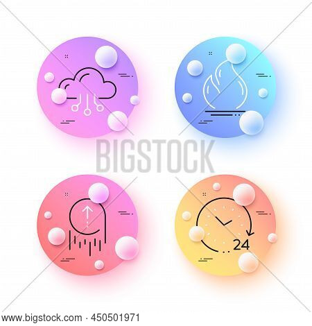 Fire Energy, 24 Hours And Swipe Up Minimal Line Icons. 3d Spheres Or Balls Buttons. Cloud Computing 