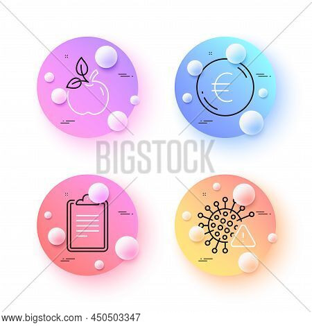 Eco Food, Covid Virus And Clipboard Minimal Line Icons. 3d Spheres Or Balls Buttons. Euro Money Icon