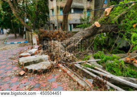 Blurred Image Of Super Cyclone Amphan Uprooted Tree And The Force Broke The Pavement. Tree Fell And 