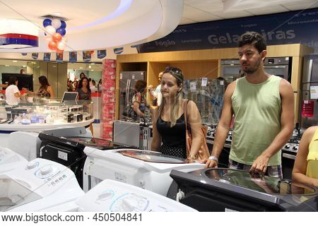 Salvador, Bahia, Brazil - March 7, 2014: Customers At A Home Appliance Store In A Shopping Mall Duri