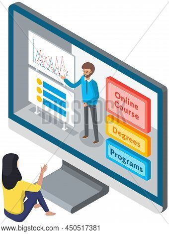 Online Training Cources. E-learning Concept. Female Cartoon Character Sitting And Talking With Male 
