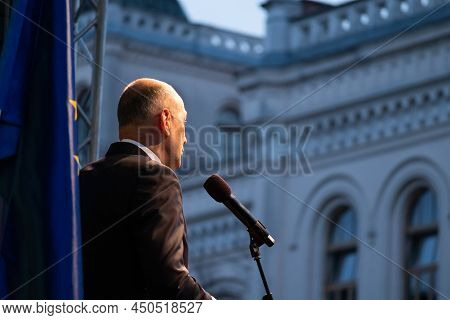 Slovenia, Ljubljana - March 2 2022: Prime Minister Janez Jansa, Keynote Speaker At The Protest In Su