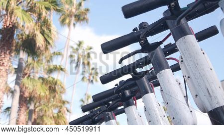 Row Of Rental Electric Scooters Parked On Street Sidewalk, Many Palm Trees In City Near Los Angeles,