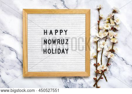 Sprigs Of The Apricot Tree With Flowers And Text Happy Nowruz Holiday Concept Of Spring Came Top Vie