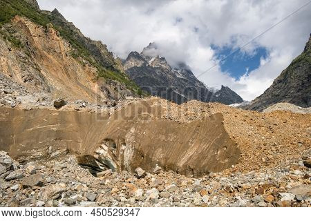 Chalaadi Glacier near Mestia town, Svaneti region, Georgia. Landscape of the Chalaadi glacier in Caucasus mountains, Georgia