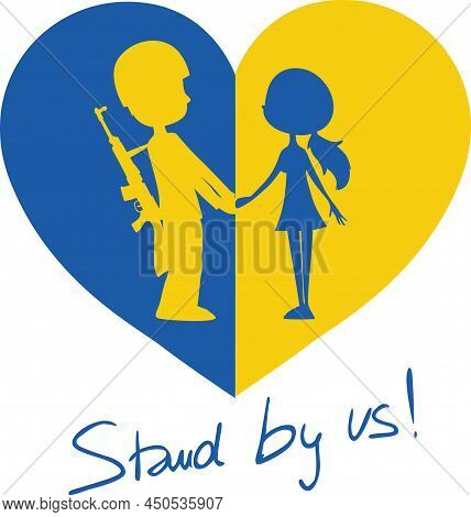 Ukrainian Soldier Says Goodbye To His Wife, Goes To War - Vector Illustration - Symbol Heart Blue An