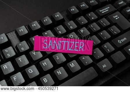 Text Showing Inspiration Sanitizer. Internet Concept Liquid Or Gel Generally Used To Decrease Infect