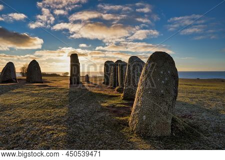 Ales Stenar Megalithic Monument Near Ystad In Southern Sweden, Shadow Of The Biggest Stone