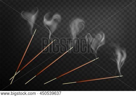 Joss Incense Sticks With Steam Smoke Realistic 3d Vector Illustration. Wooden Agarbatti Isolated On 